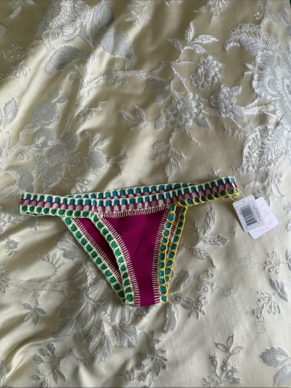 NWT KIINI Fuchsia Crochet Bikini Bottom with Teal & Lime Crochet Trim